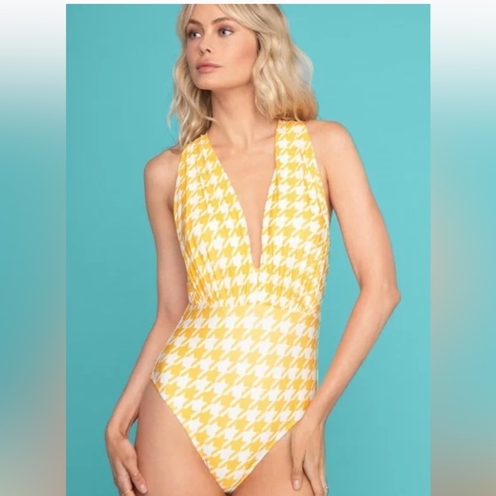 New Swim RX Yellow and White Houndstooth One Piece Swimsuit Bathing Suit Medium